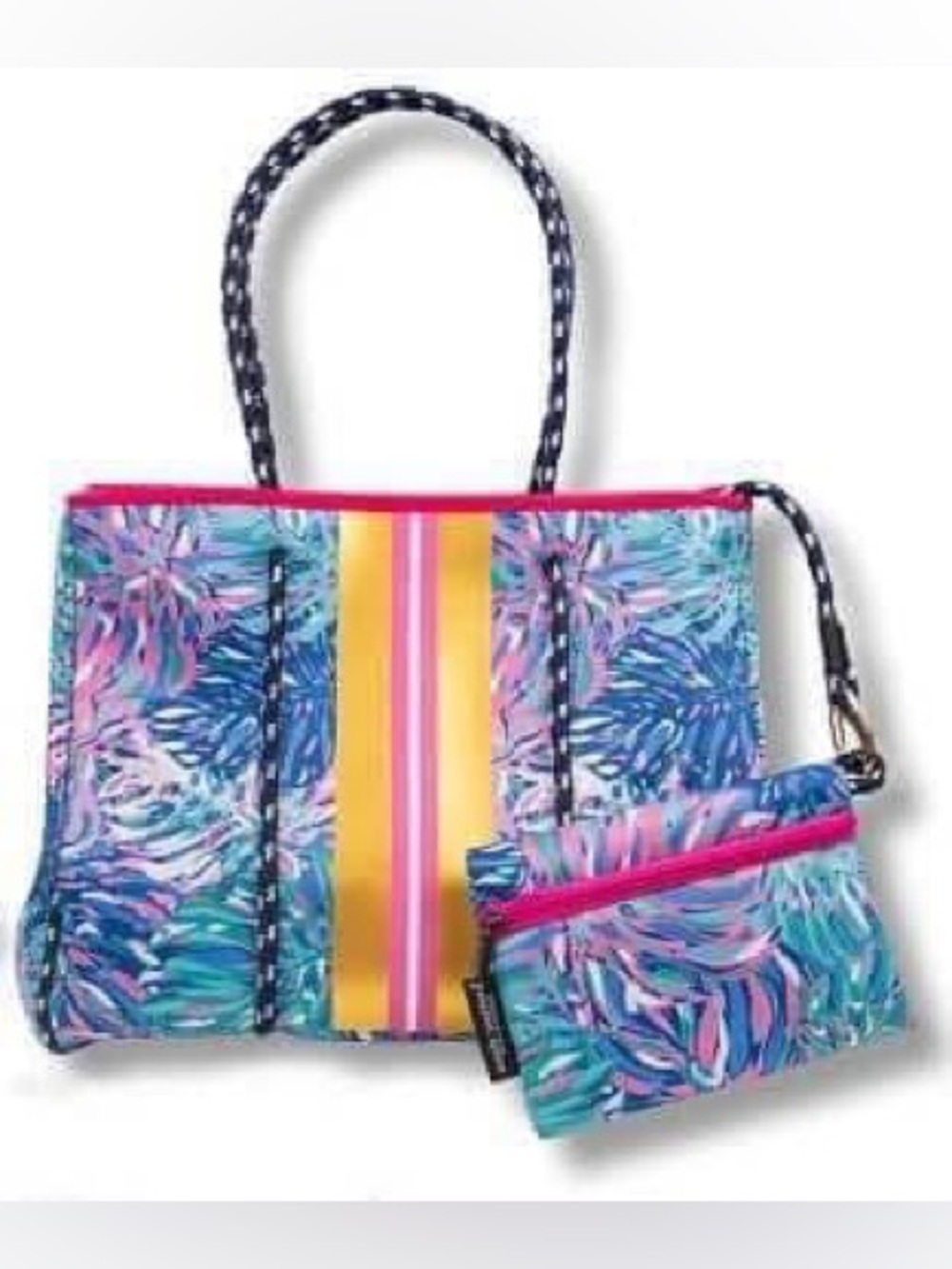 Neoprene tie dye Colorful Stripe Tote Bag with Matching Pouch - Blue/Pink
